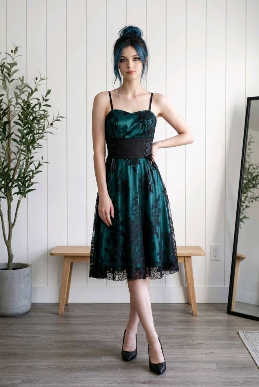 💬☔️🩵NWT Emerald Green Satin & Black Lace Corset Steampunk Sleeveless Dress Sma
